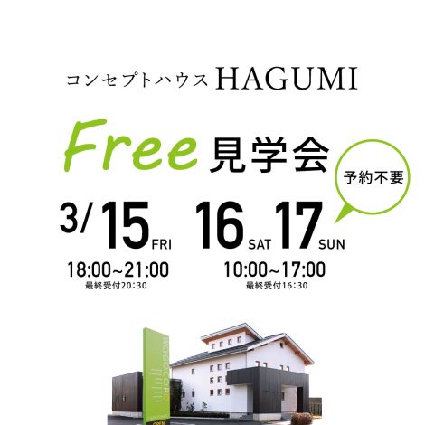 3/15.16.17　コンセプトハウスHAGUMI Free見学会　夜カフェ／整理収納セミナーも同時開催！
